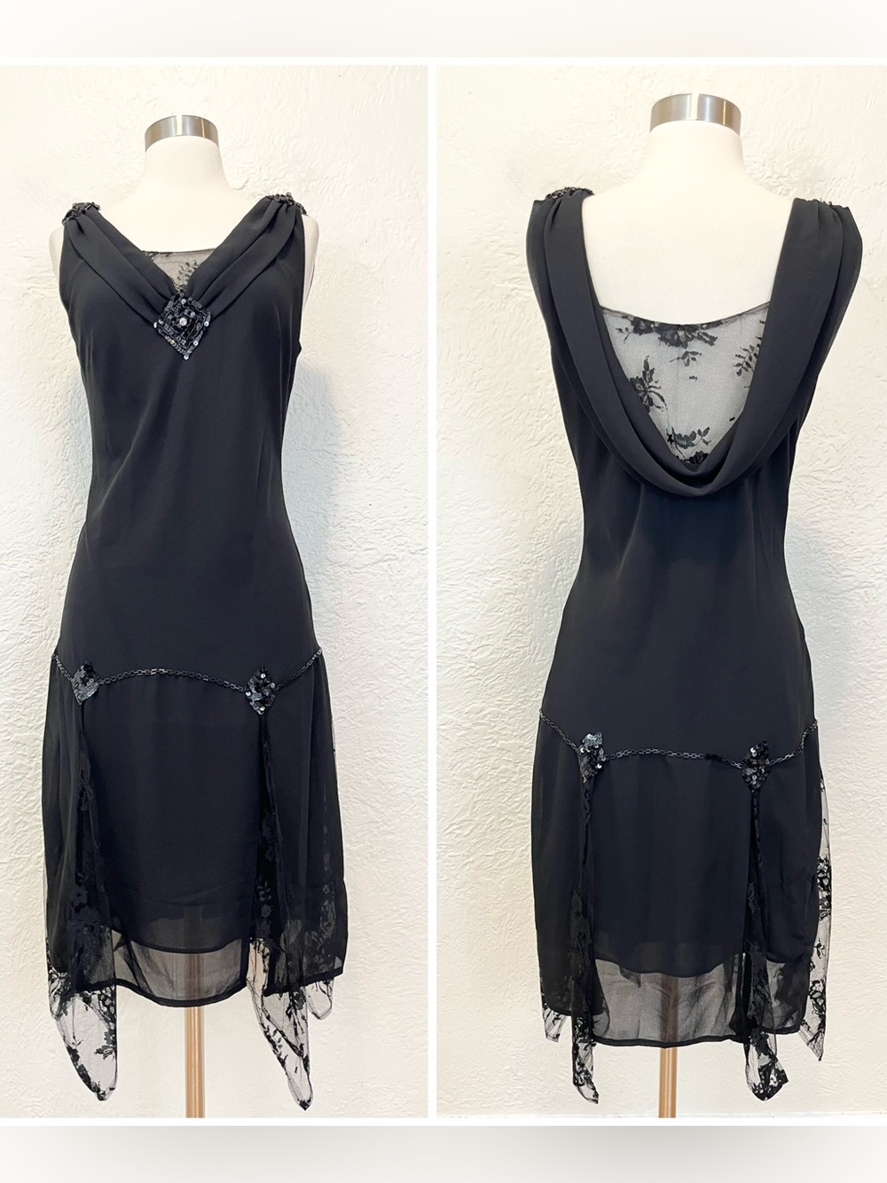 Unique Vintage 1920s Flapper Dress Black Sequin Lace Fringe Draped Back Large M